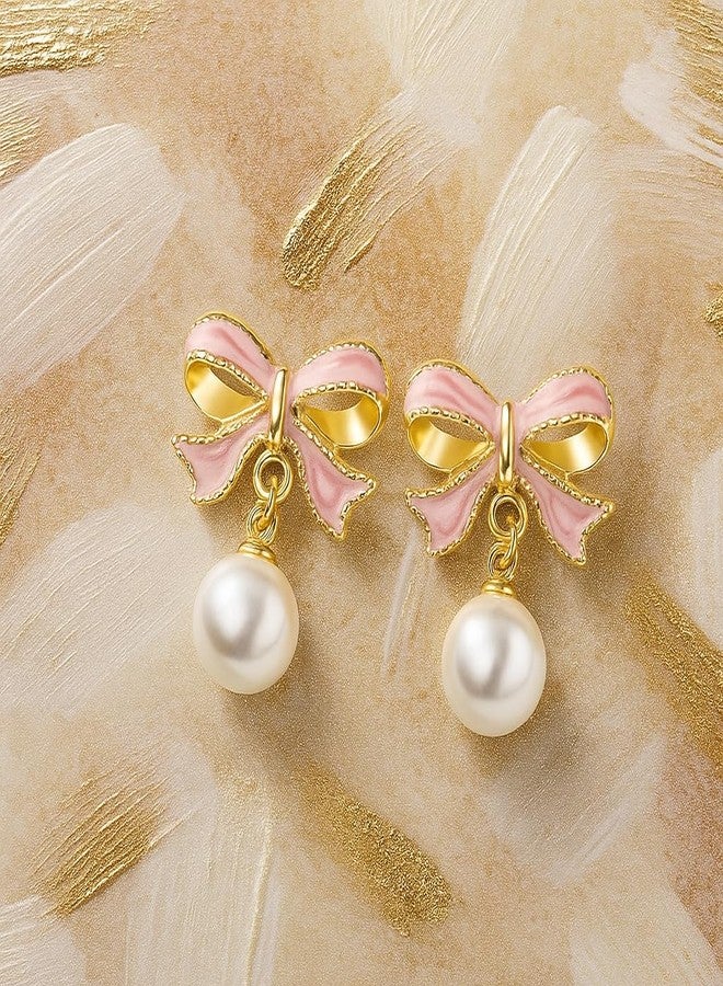 ecozran Dainty Pearl Bow Earrings Pearl Bow Stud Earrings Christmas Party Holiday Jewelry Gifts for Women (Pink -K) - Image 2
